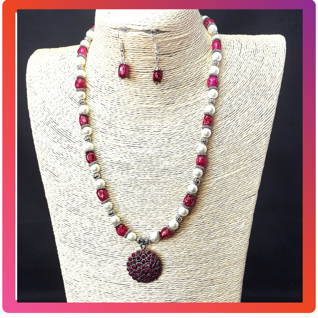 Pink Onyx and pearl Pendent Necklace set