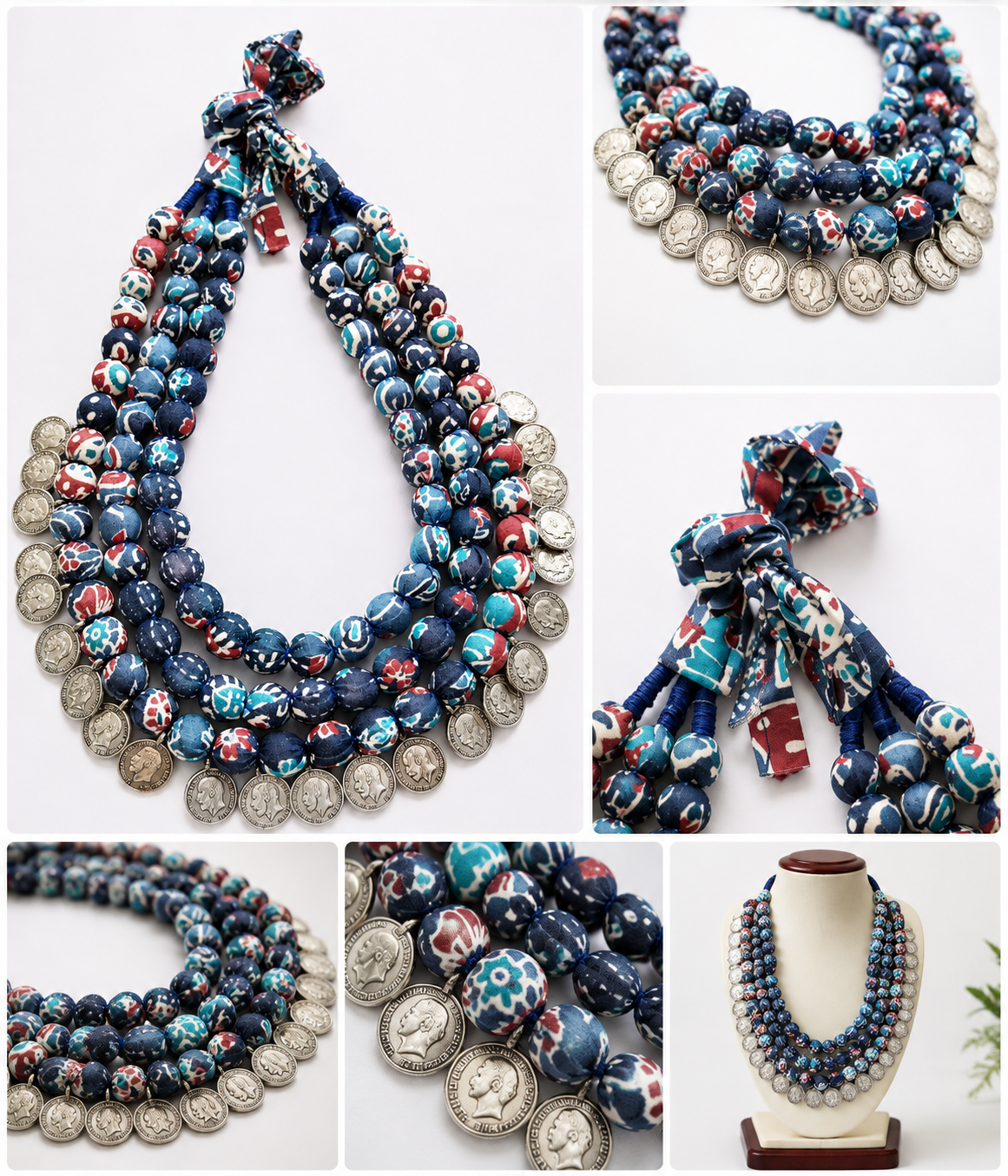 Fabric Bead & Coin Statement Necklace