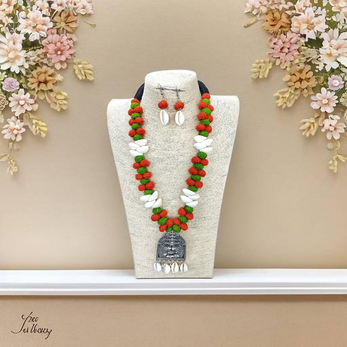 Orange & Green Cotton Beads Kovari necklace Set
