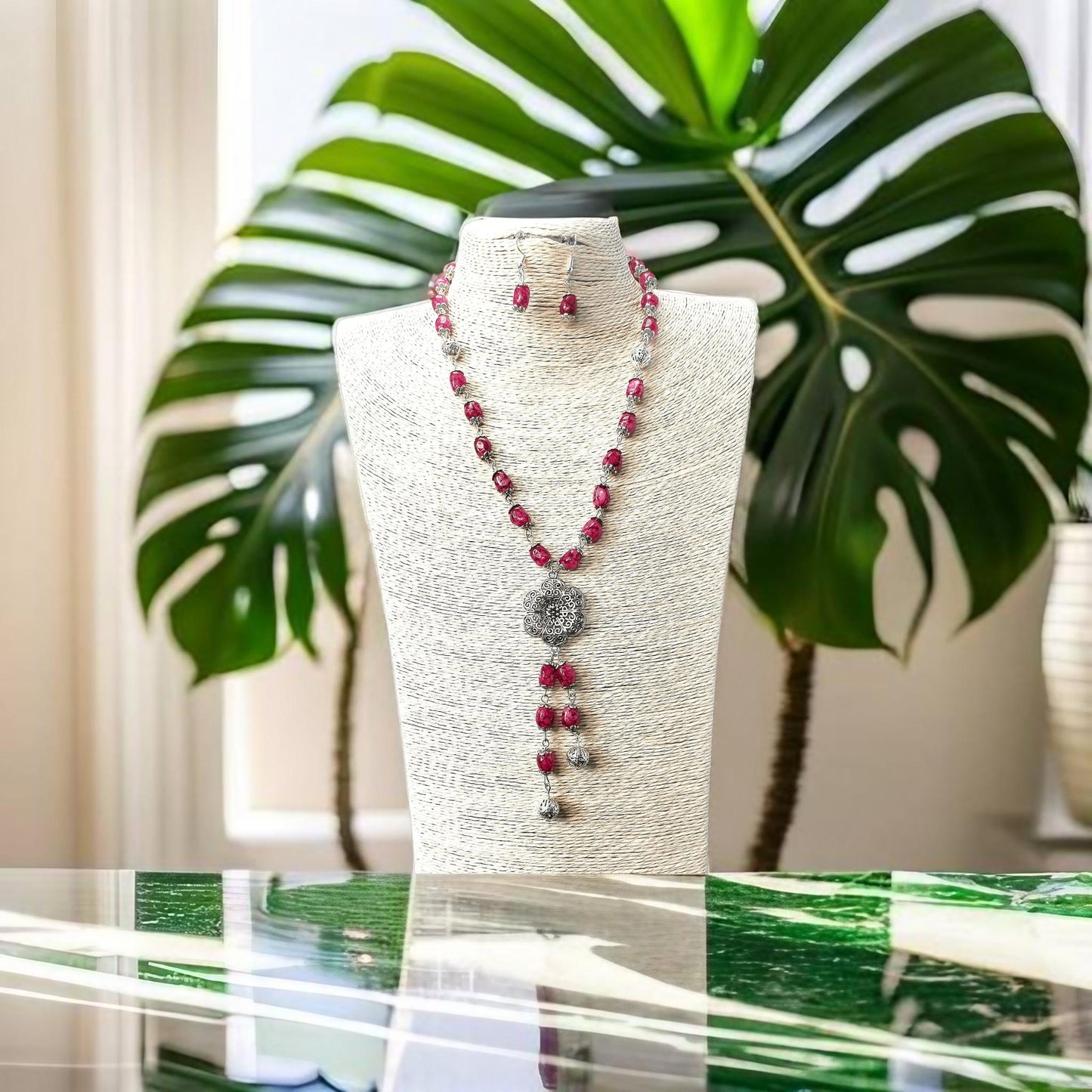 Pink Onyx and Long Silver Necklace set