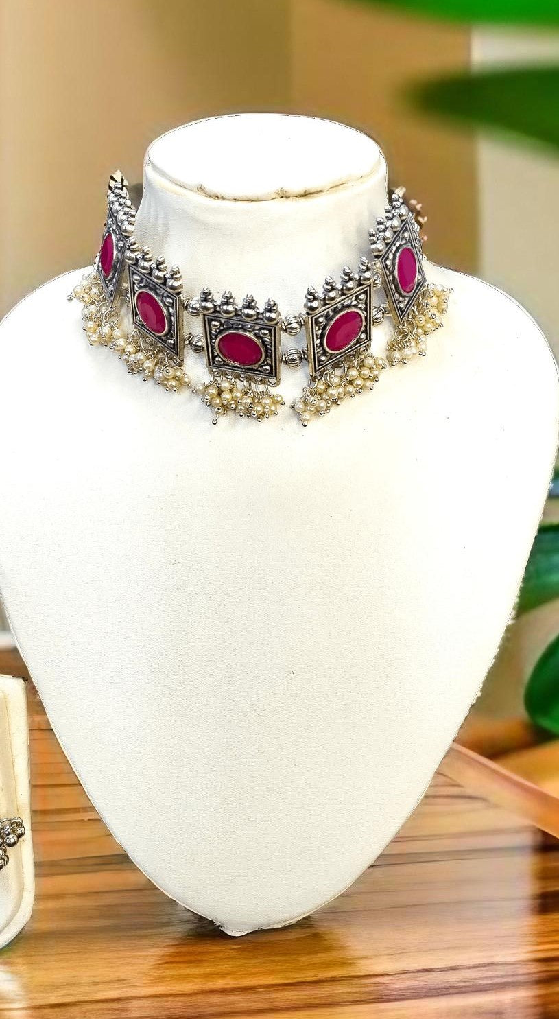 Pink Silver Kundan Choker set