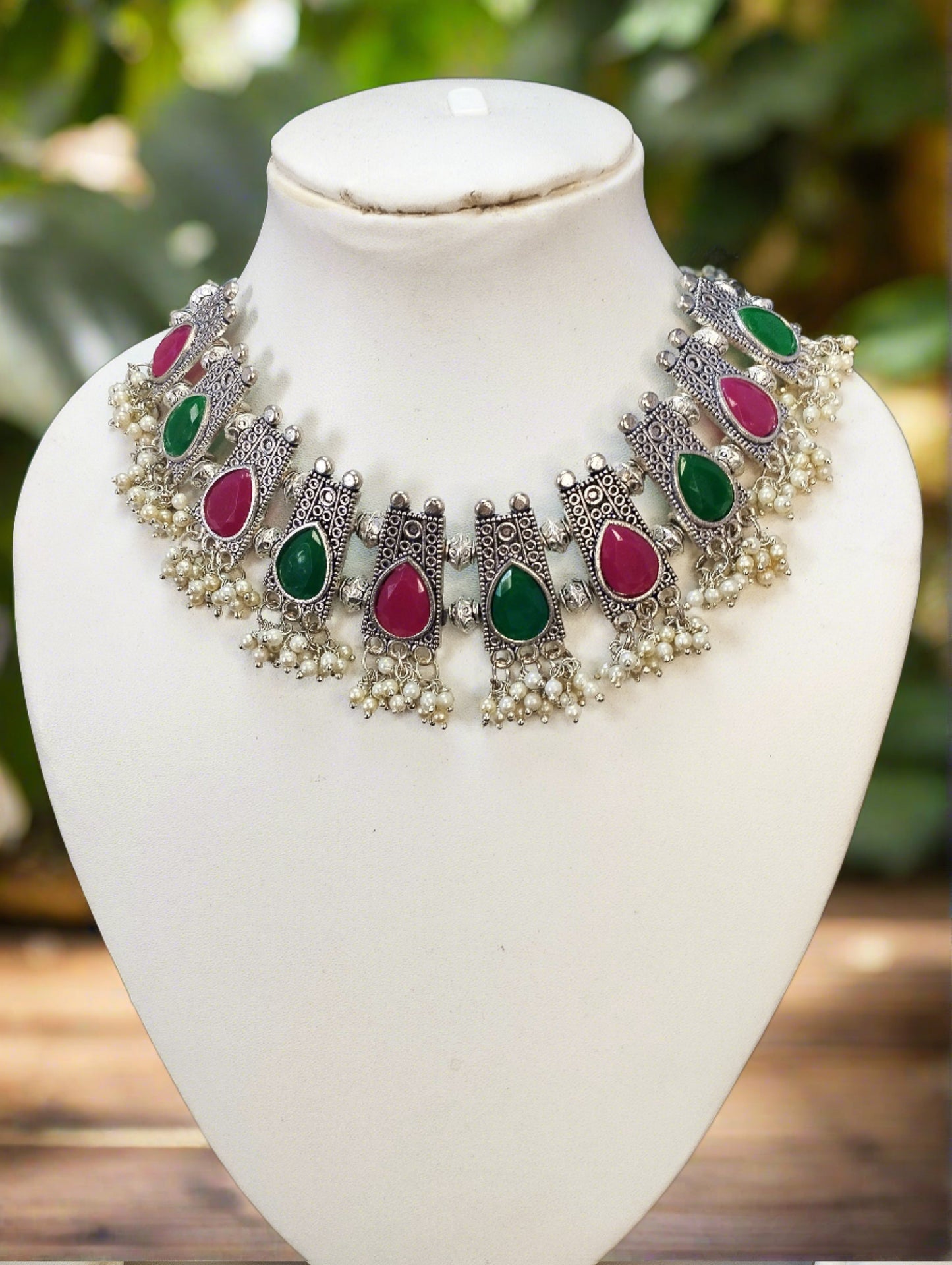 Green and pink Silver Kundan Choker/Necklace set