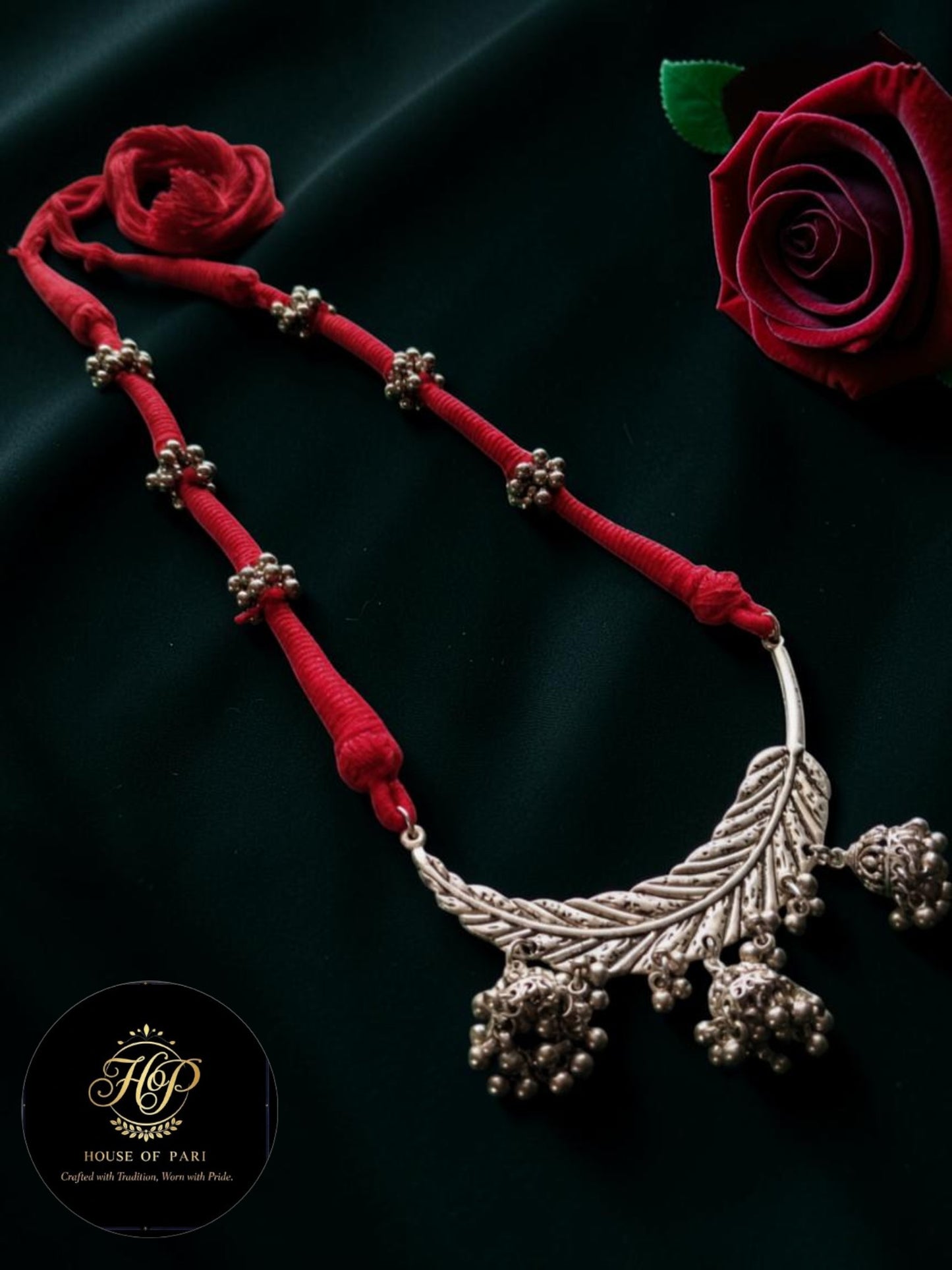 Red Thread & Oxidised Silver Leaf Statement Necklace