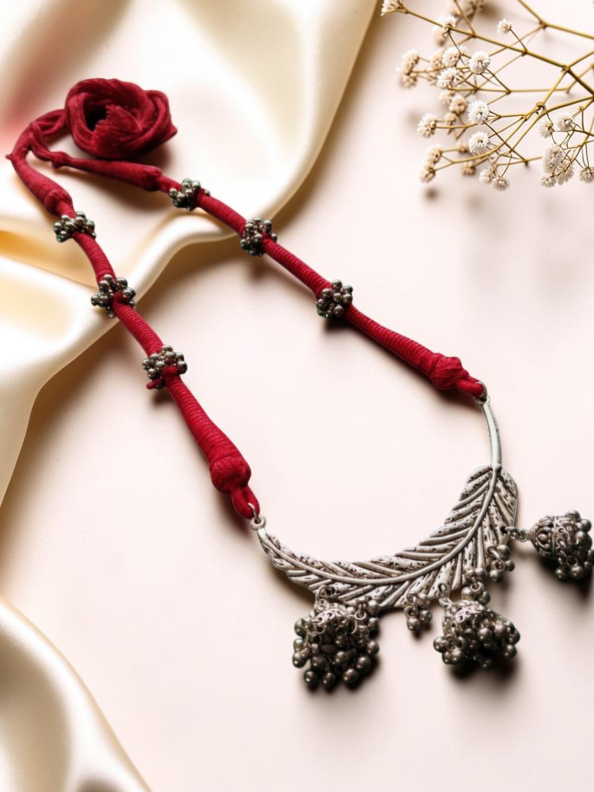 Red Thread & Oxidised Silver Leaf Statement Necklace