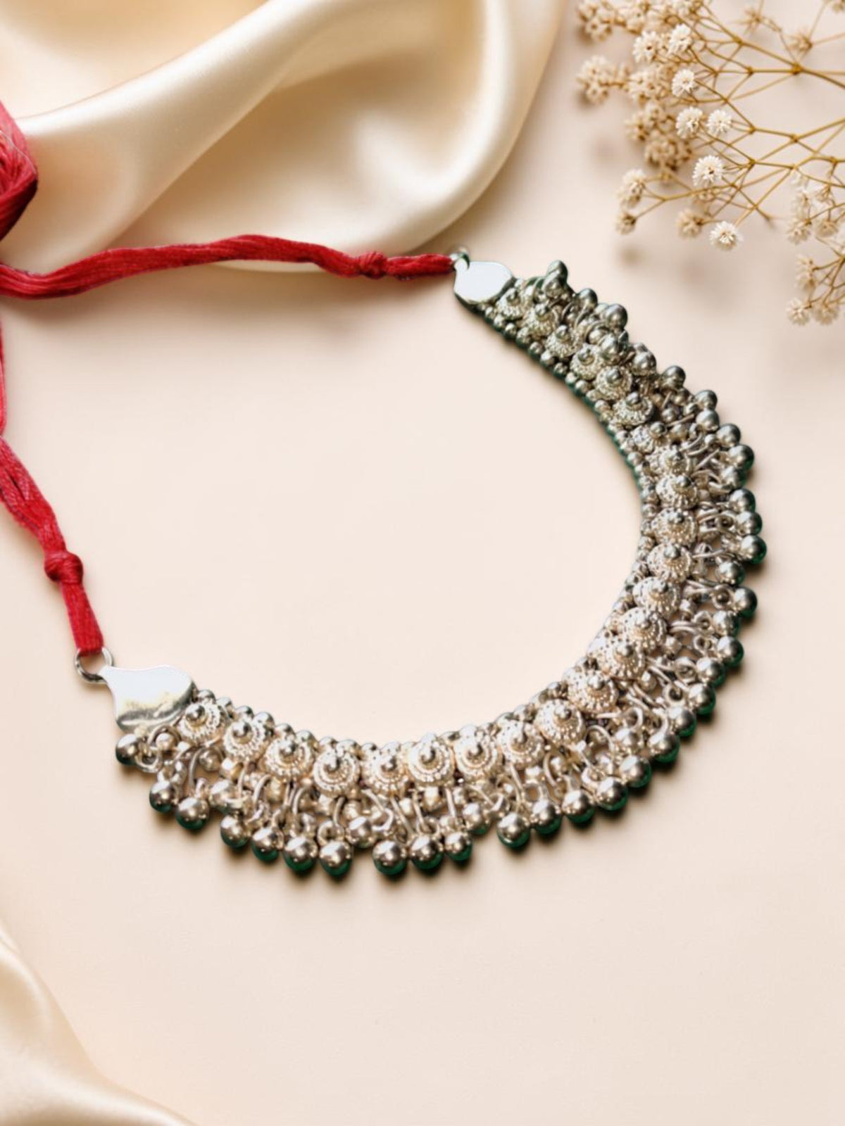 Oxidised Silver Temple Gungroo Choker Necklace