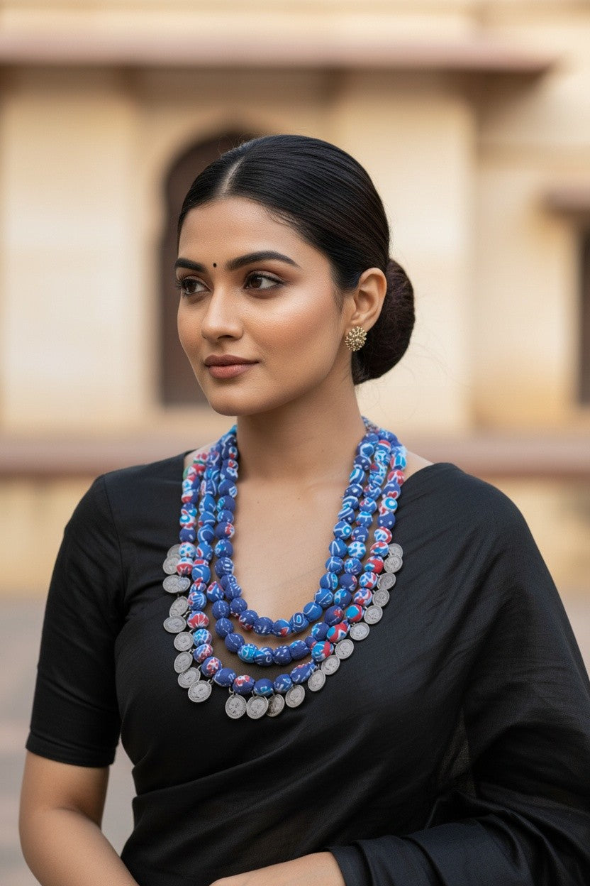 Fabric Bead & Coin Statement Necklace