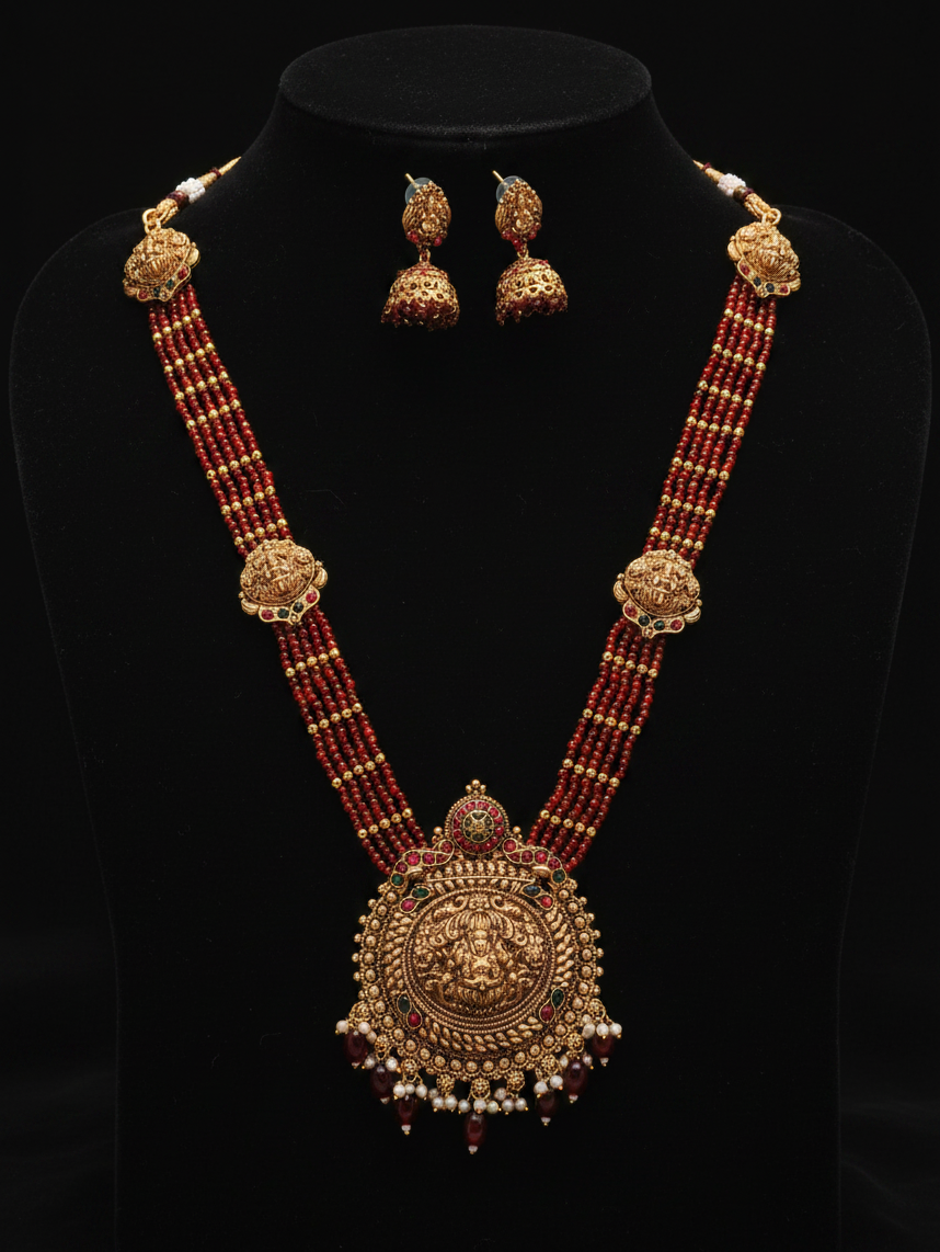 Maroon Hydro Beads Raani Haar with Lakshmi / Lotus Pendant