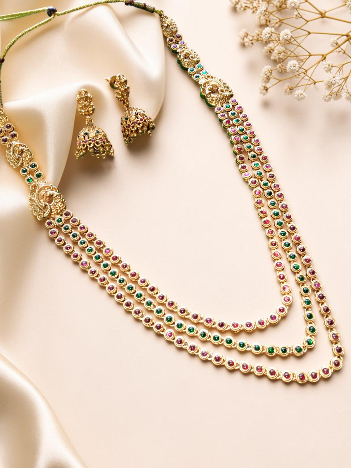Three-Layer Ruby & Emerald Long Necklace Set