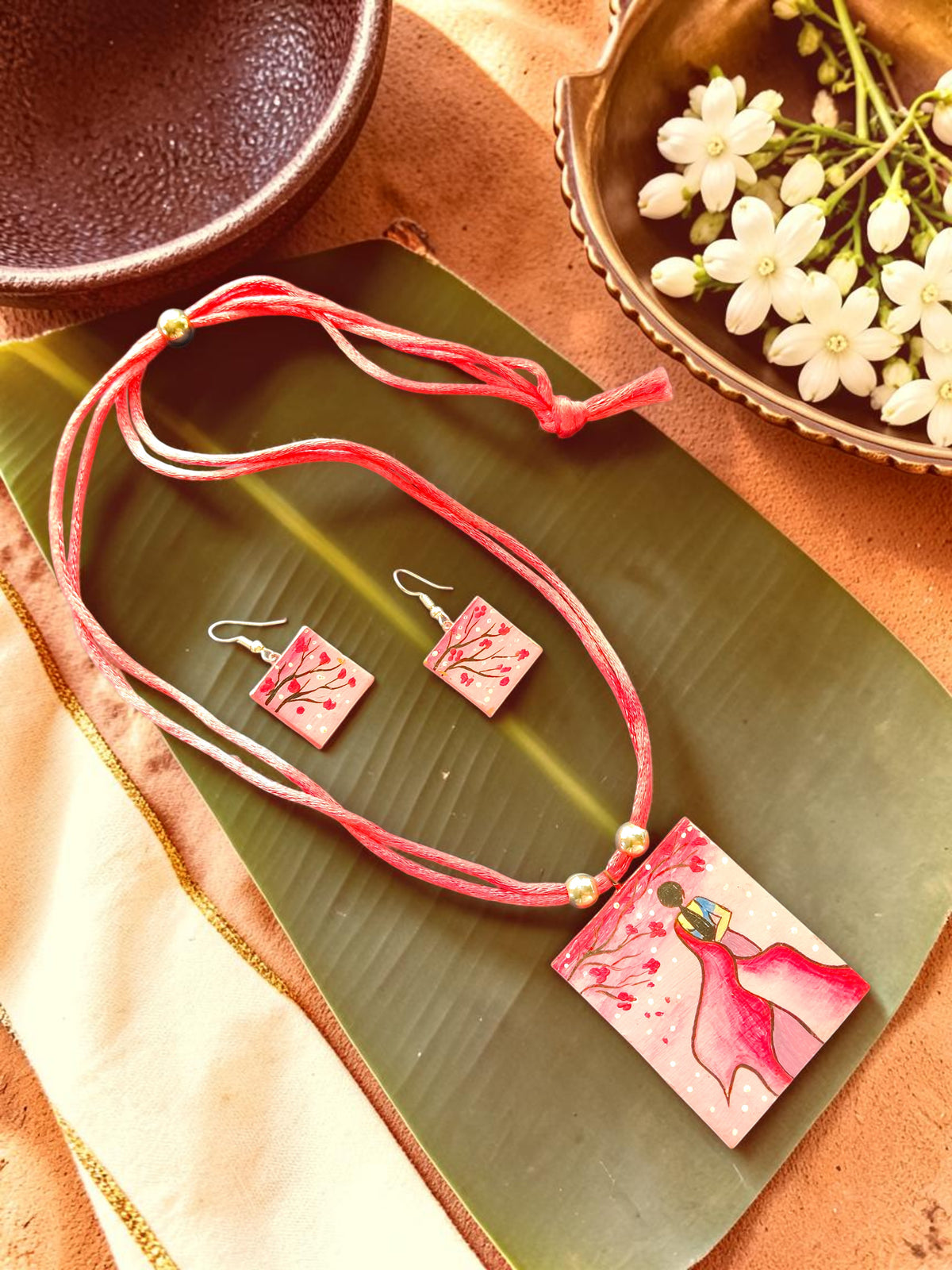 Hand-Painted Pink Lady Terracotta Necklace & Earrings Set