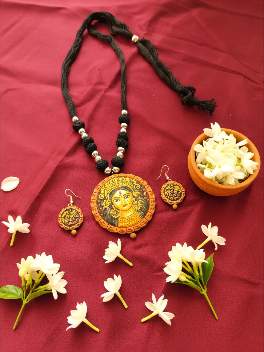 Hand-Painted Goddess Durga Terracotta Necklace & Earrings Set