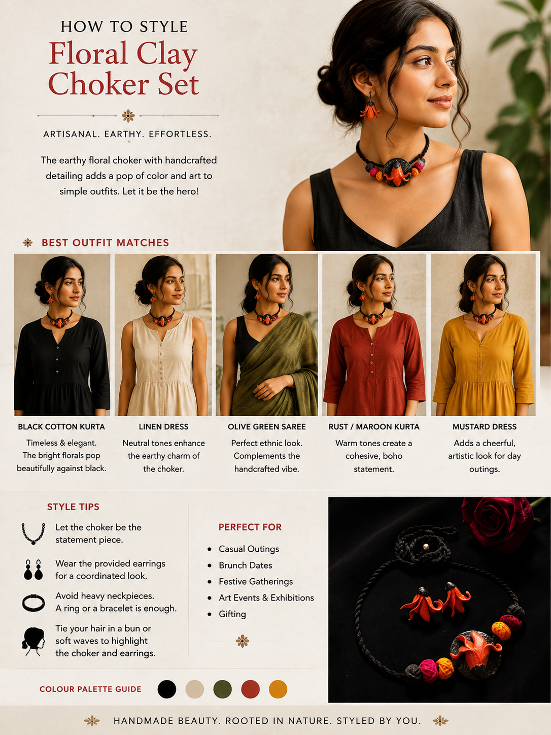 Handcrafted Clay Floral Necklace with Black Thread & Multicolor Beads