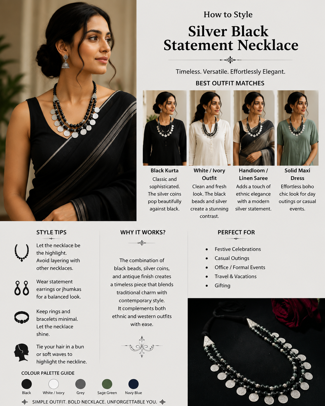 Oxidised Silver Black Beaded Coin Statement Necklace
