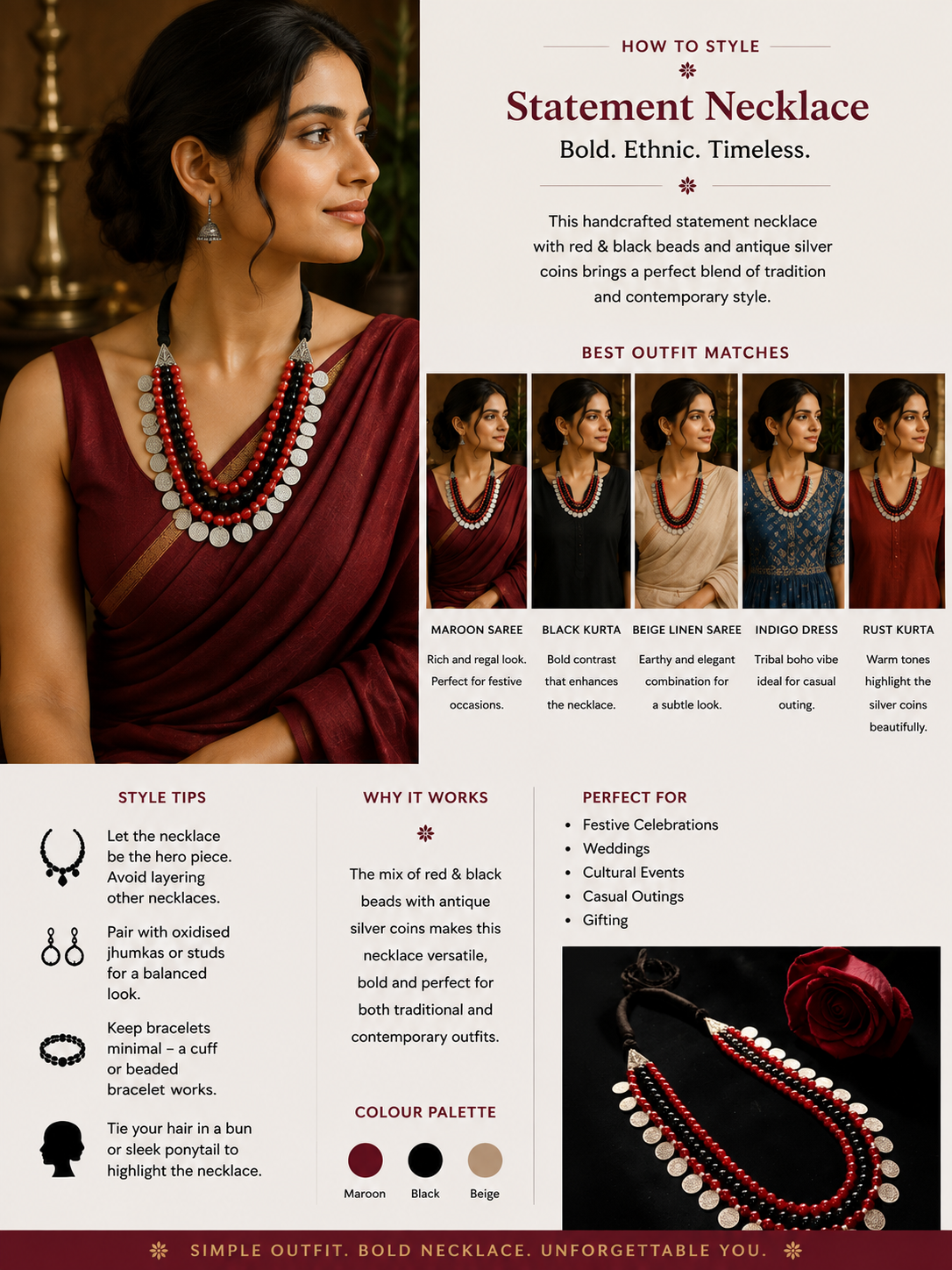 Red & Black Beaded Oxidised Silver Coin Statement Necklace