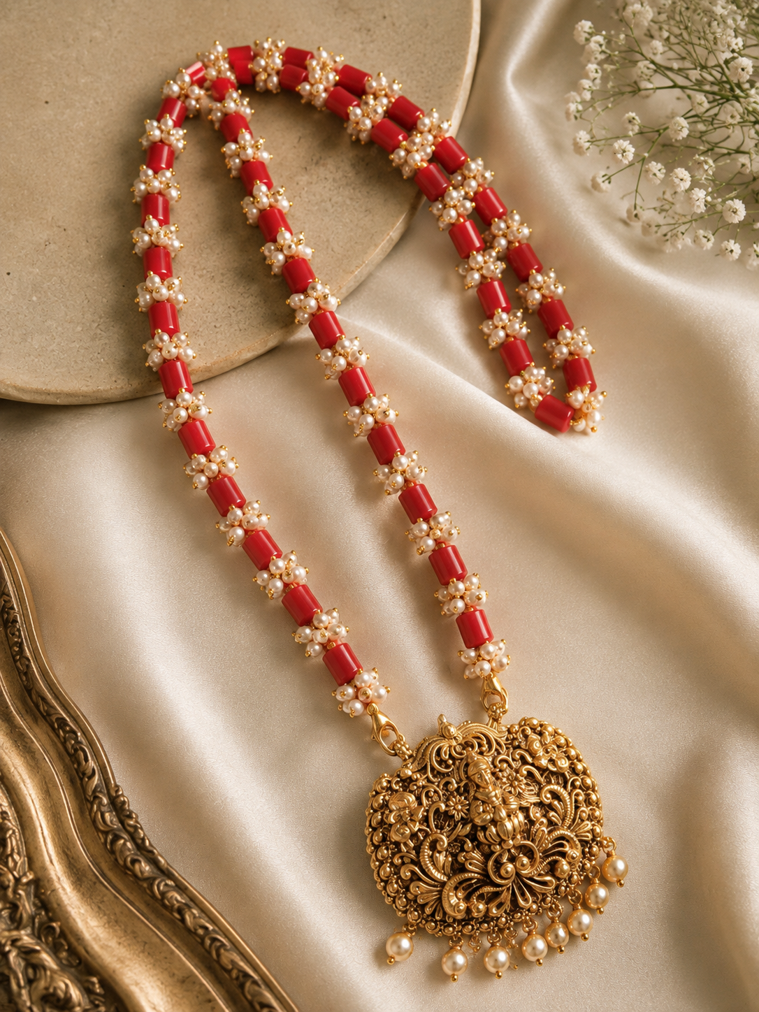 Coral Red Long Necklace with Pearl Accents & Antique Gold Pendant