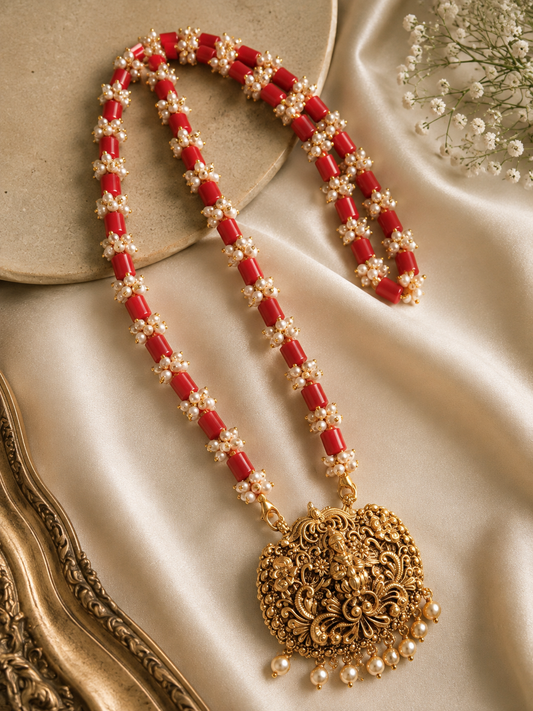 Coral Red Long Necklace with Pearl Accents & Antique Gold Pendant