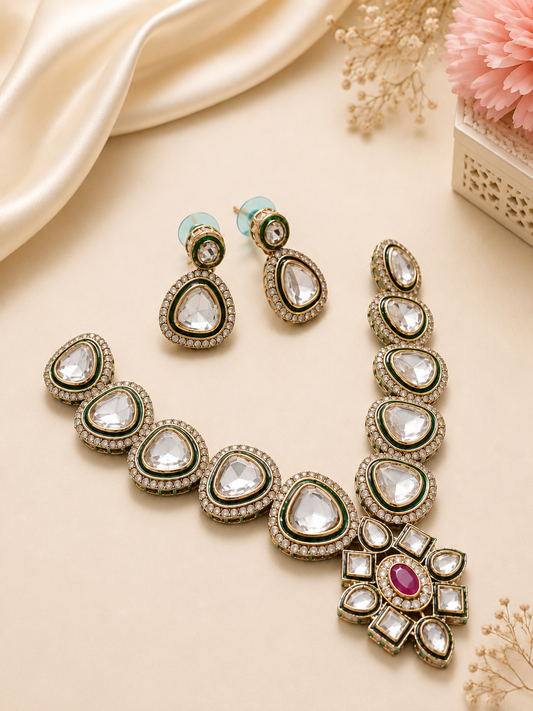 Kundan Statement Necklace with Pink Pendant & Earrings