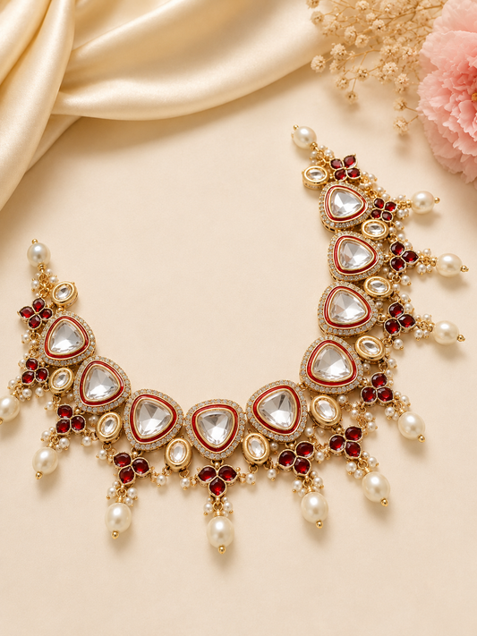 Royal Kundan Necklace with Red Stones & Pearl Drops
