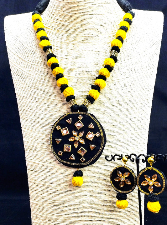 Yellow & Black  cotton beads Fabric  necklace