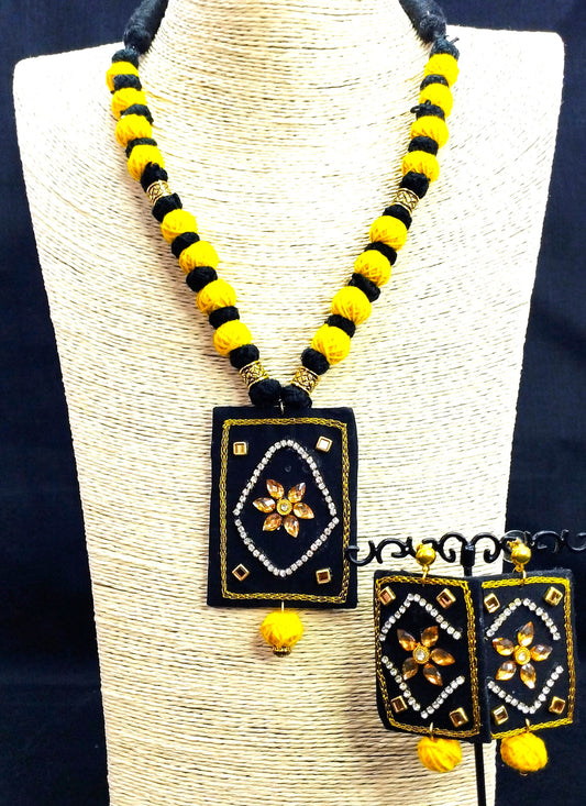 Yellow & Black  cotton beads Fabric  necklace