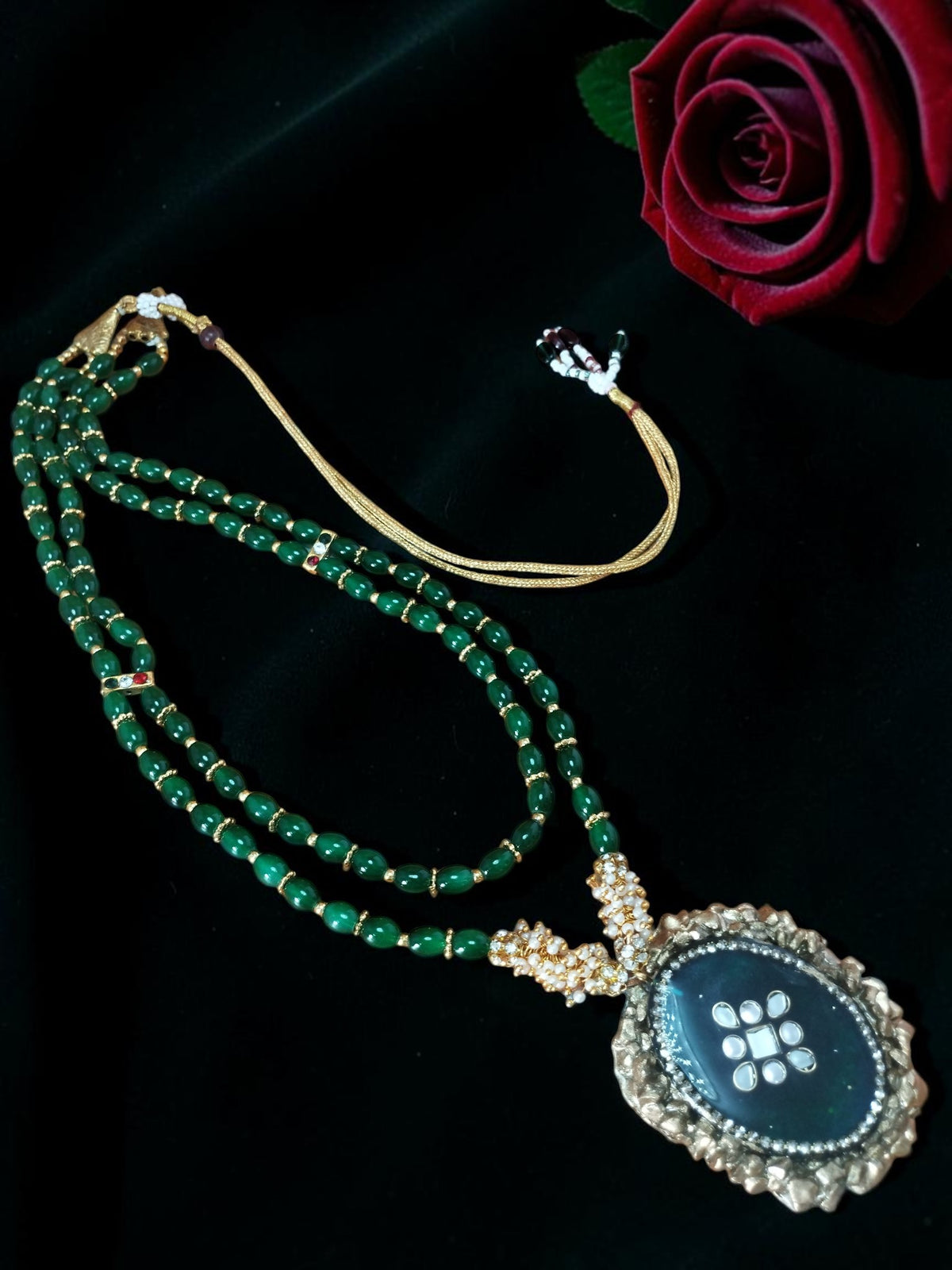 Green Long 2 layer Necklace Resin Pendant