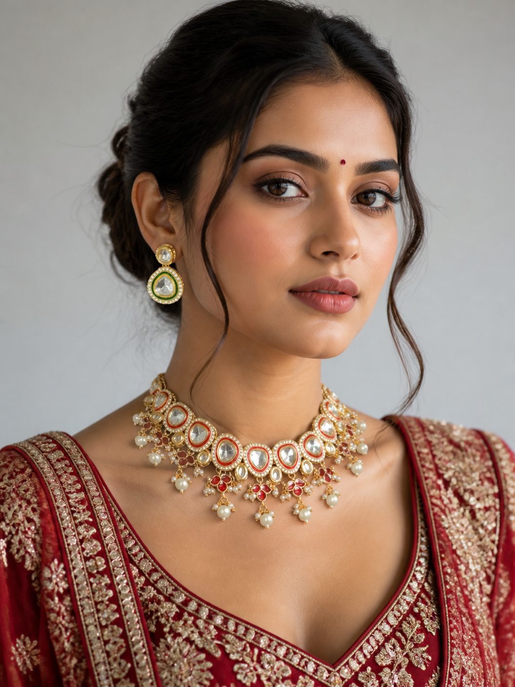 Royal Kundan Necklace with Red Stones & Pearl Drops
