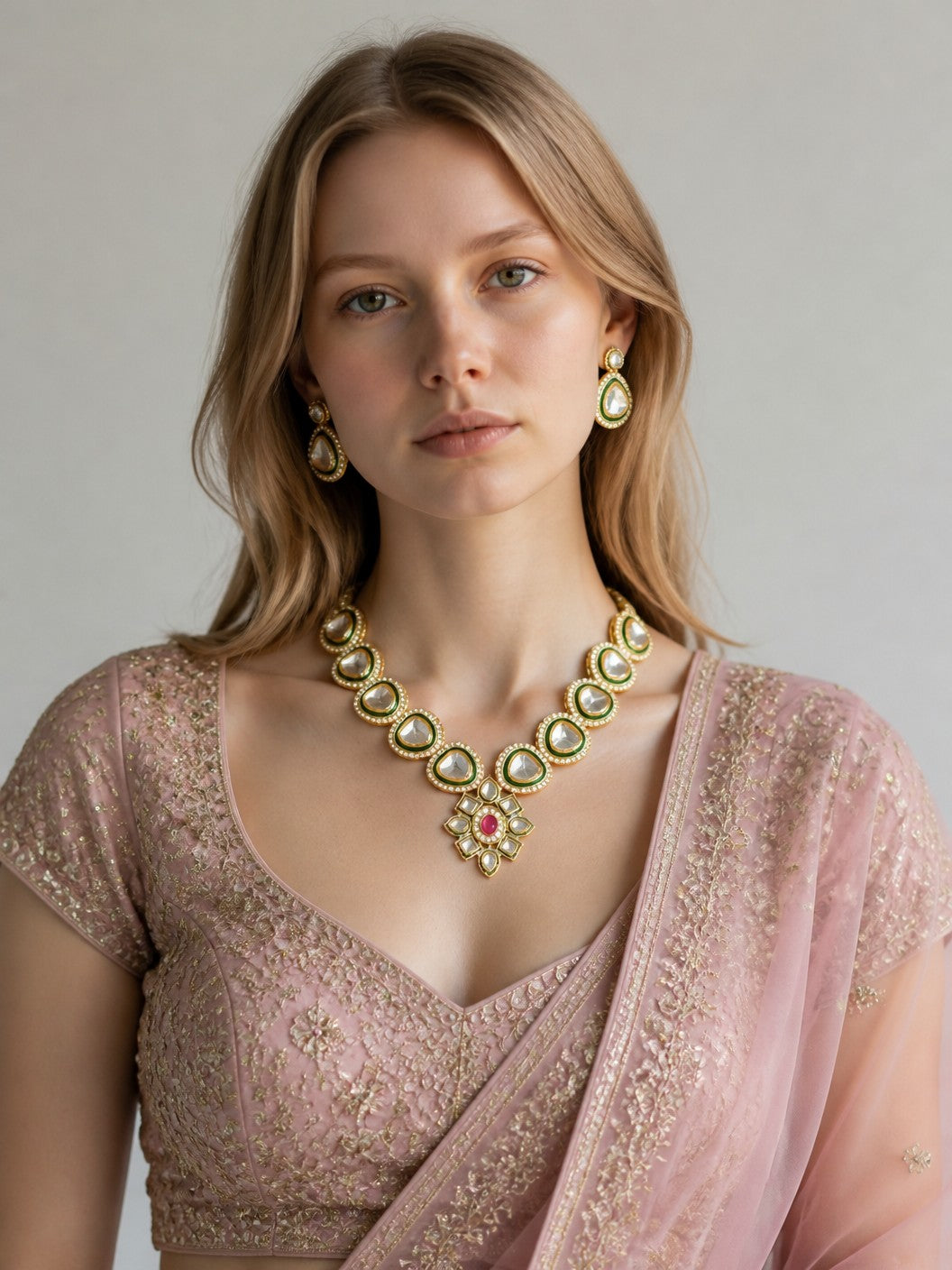 Kundan Statement Necklace with Pink Pendant & Earrings