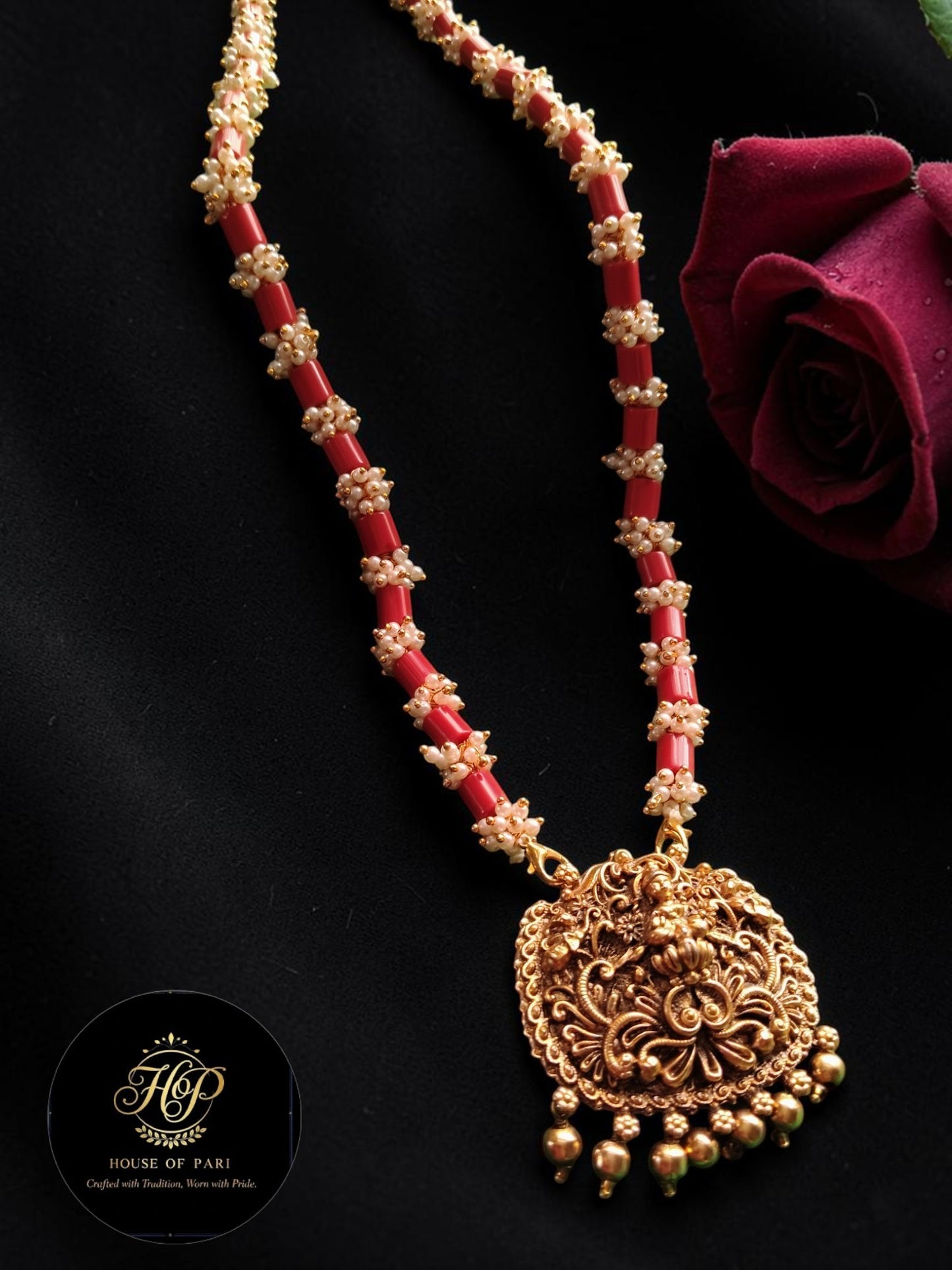 Coral Red Long Necklace with Pearl Accents & Antique Gold Pendant
