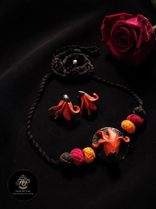 Handcrafted Clay Floral Necklace with Black Thread & Multicolor Beads