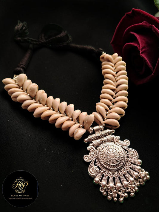 Handcrafted Cowrie Shell Oxidized Silver Statement Necklace