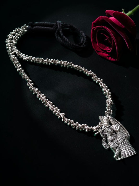 Oxidised Silver Radha Krishna Statement Necklace with Gungroos