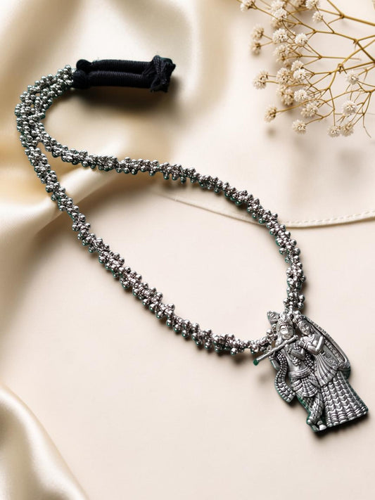 Oxidised Silver Radha Krishna Statement Necklace with Gungroos