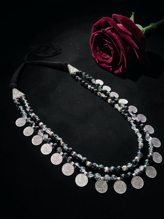 Oxidised Silver Black Beaded Coin Statement Necklace