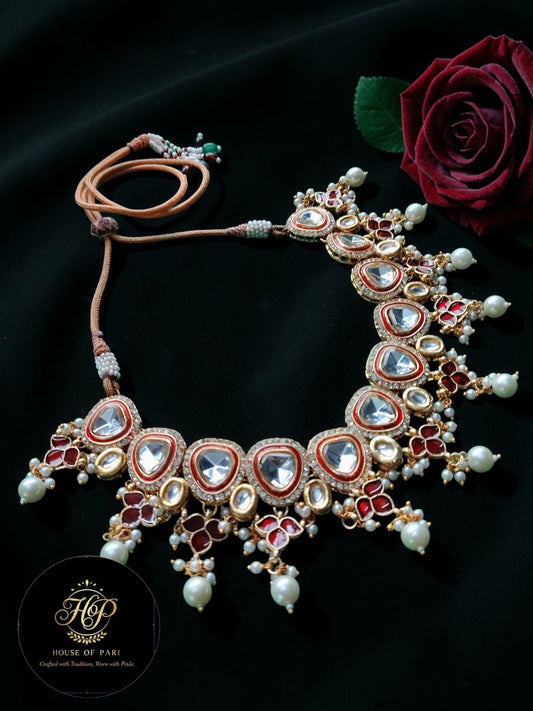 Royal Kundan Necklace with Red Stones & Pearl Drops