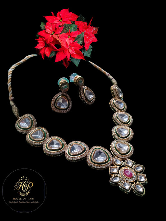 Kundan Statement Necklace with Pink Pendant & Earrings