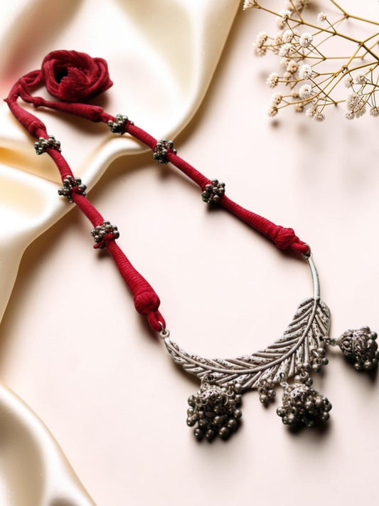 Red Thread & Oxidised Silver Leaf Statement Necklace