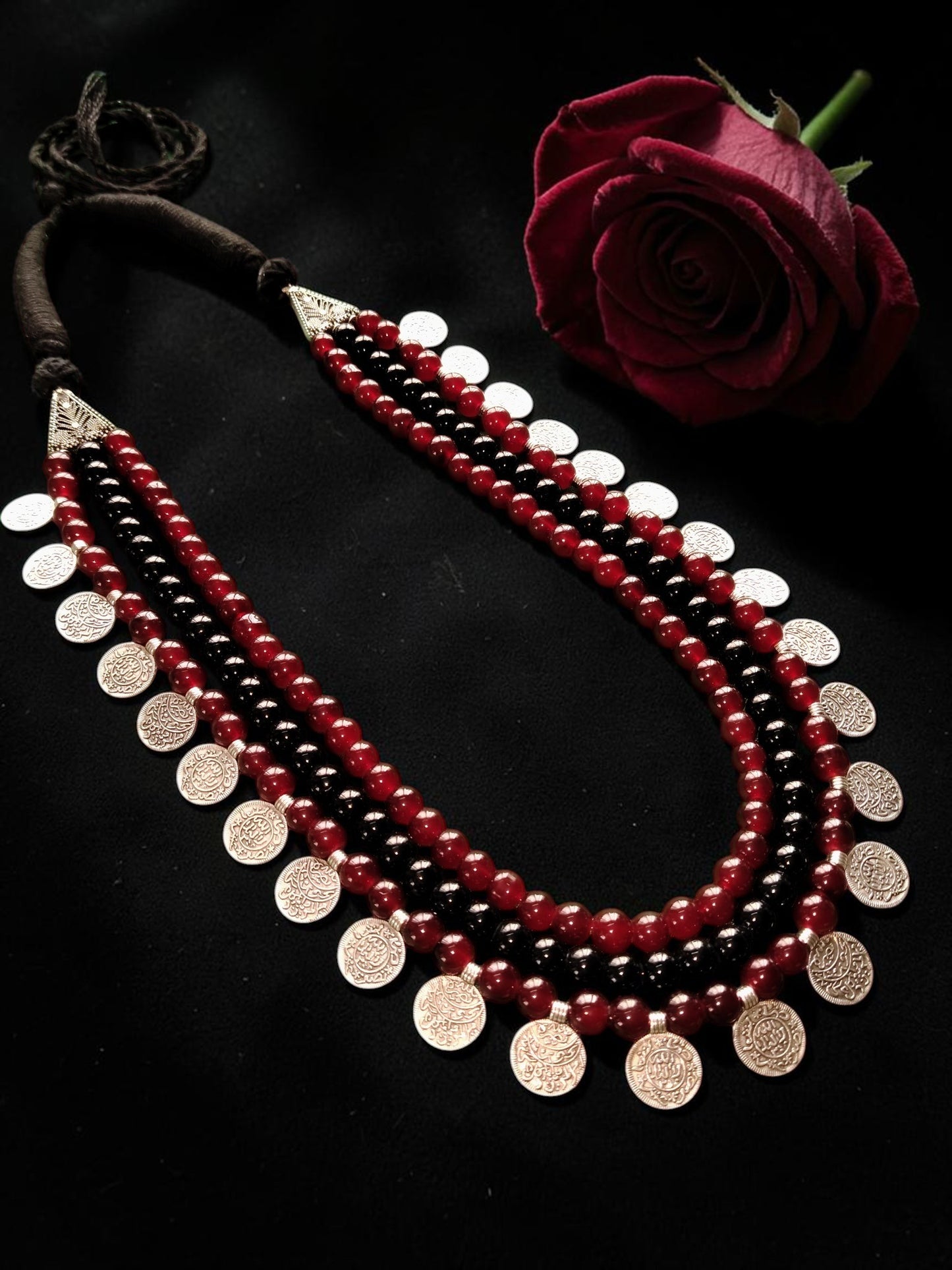 Red & Black Beaded Oxidised Silver Coin Statement Necklace
