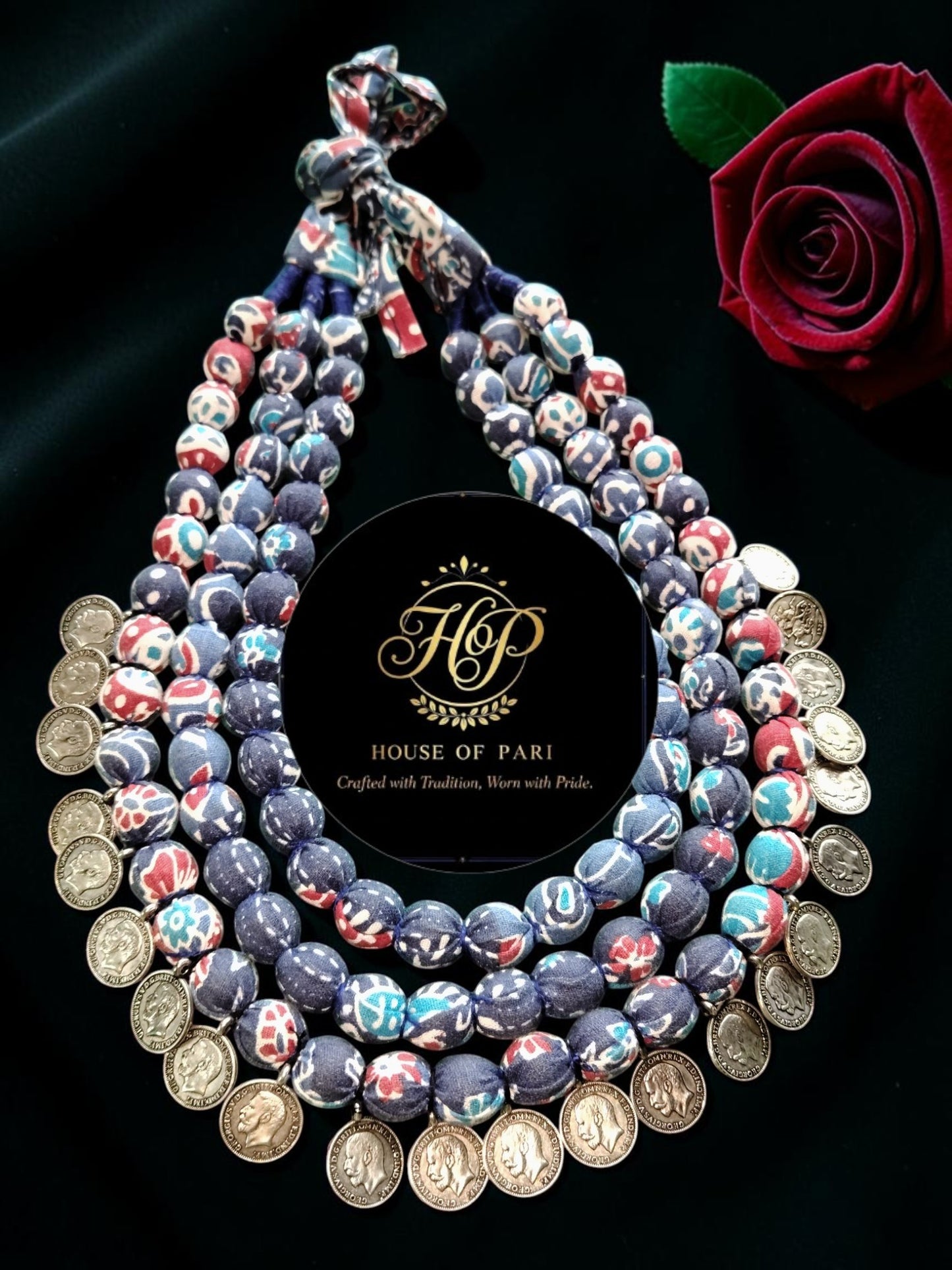 Fabric Bead & Coin Statement Necklace