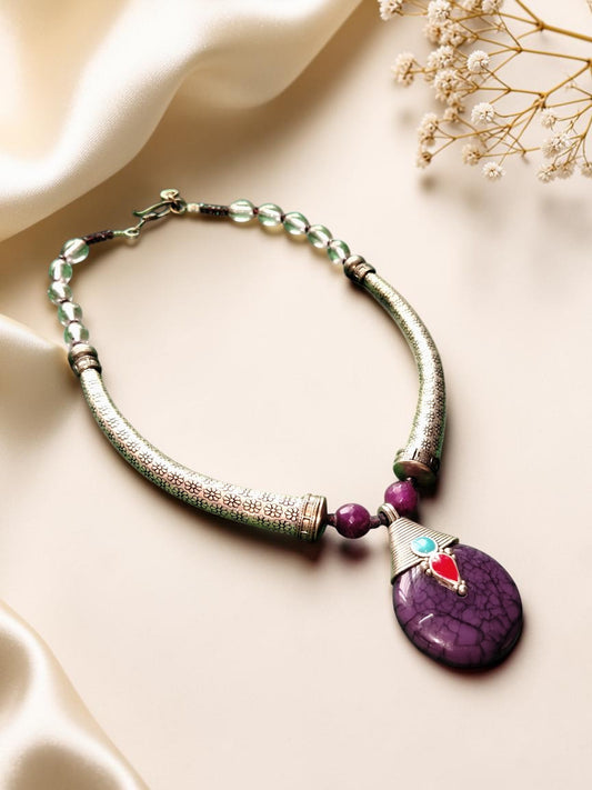 Purple / yellow Pendant Oxidised Silver Statement Necklace