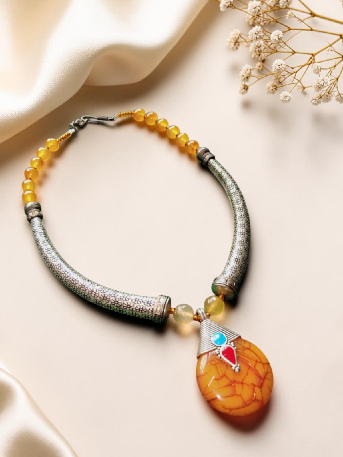 Purple / yellow Pendant Oxidised Silver Statement Necklace