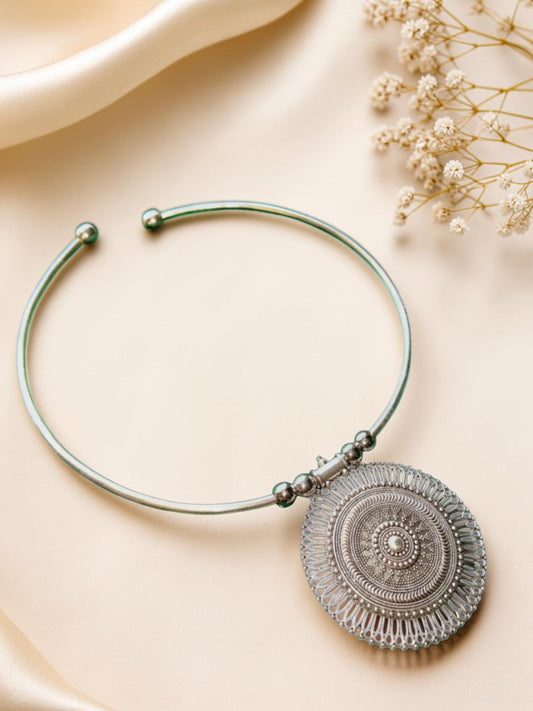 Oxidised Silver Hansli Necklace with Traditional Round Pendant