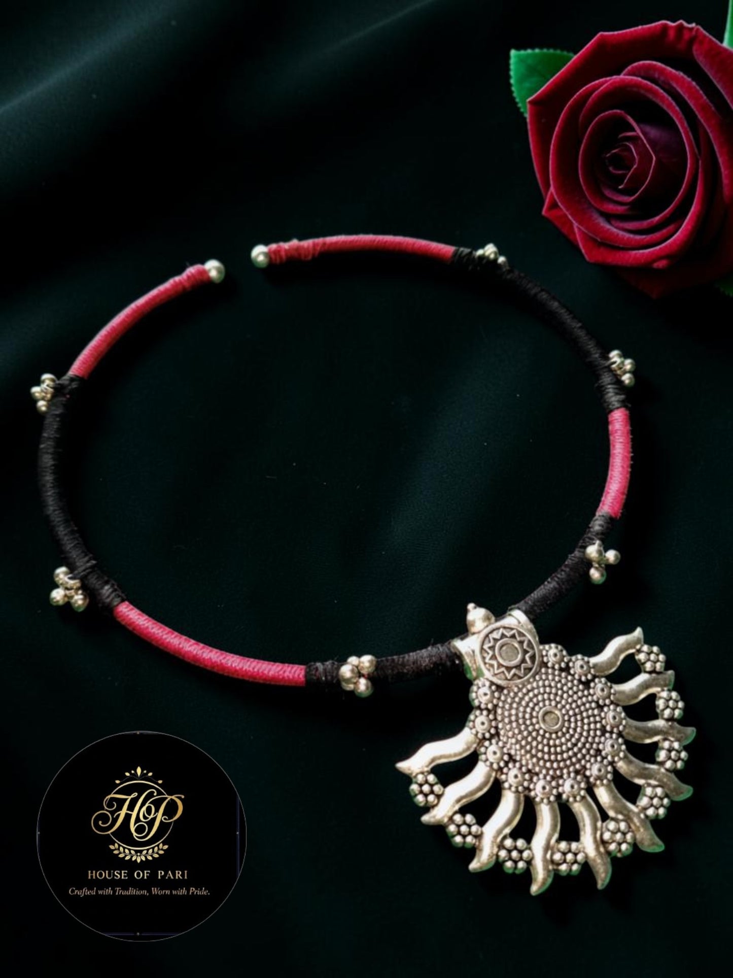 Tribal Oxidised Silver Hansli Necklace with Black & Red Thread