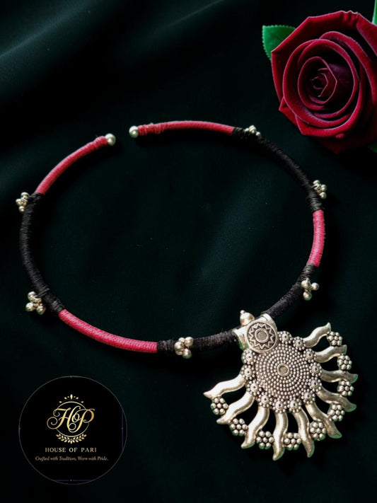 Tribal Oxidised Silver Hansli Necklace with Black & Red Thread