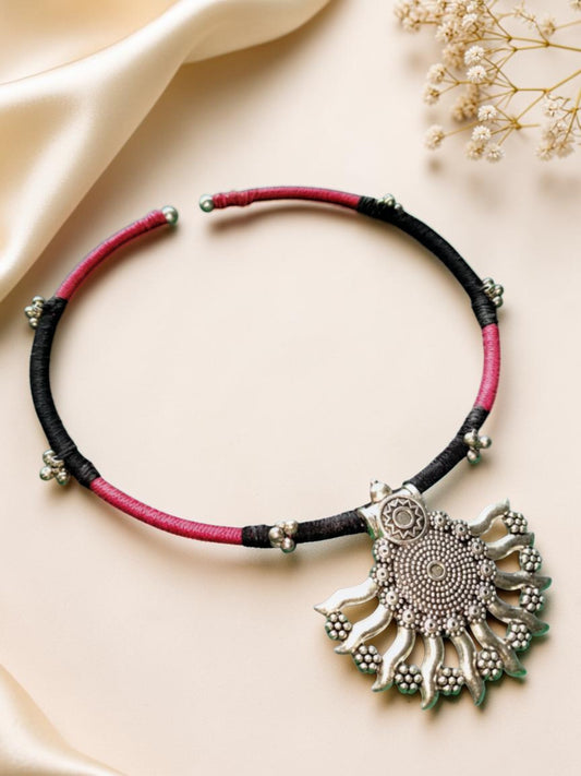 Tribal Oxidised Silver Hansli Necklace with Black & Red Thread