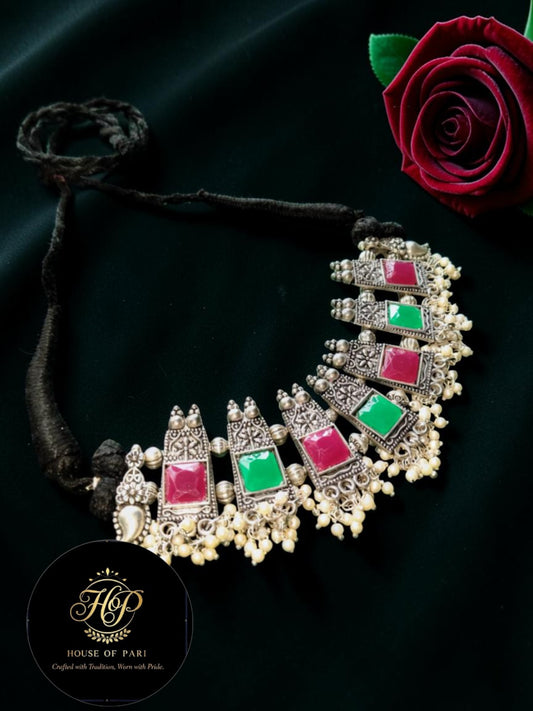 Pink and Green Silver  Kundan Necklace set