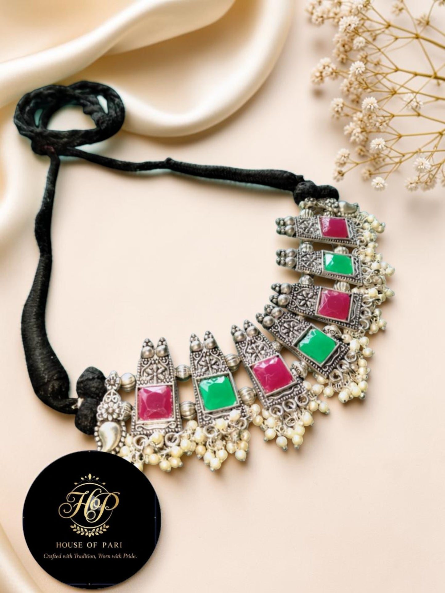 Pink and Green Silver  Kundan Necklace set