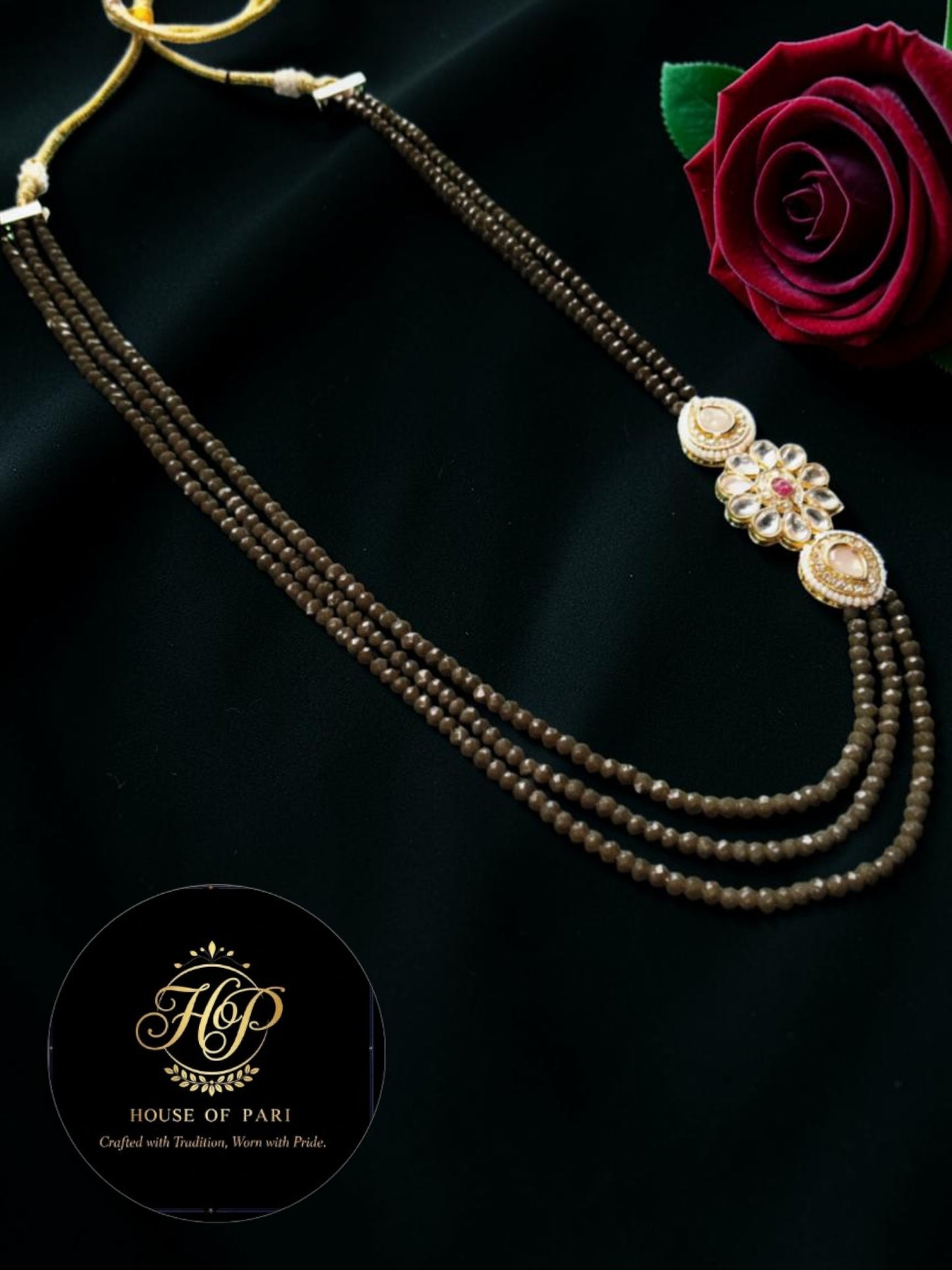 3-Layer Green Crystal Beaded Necklace with Kundan Floral Pendant