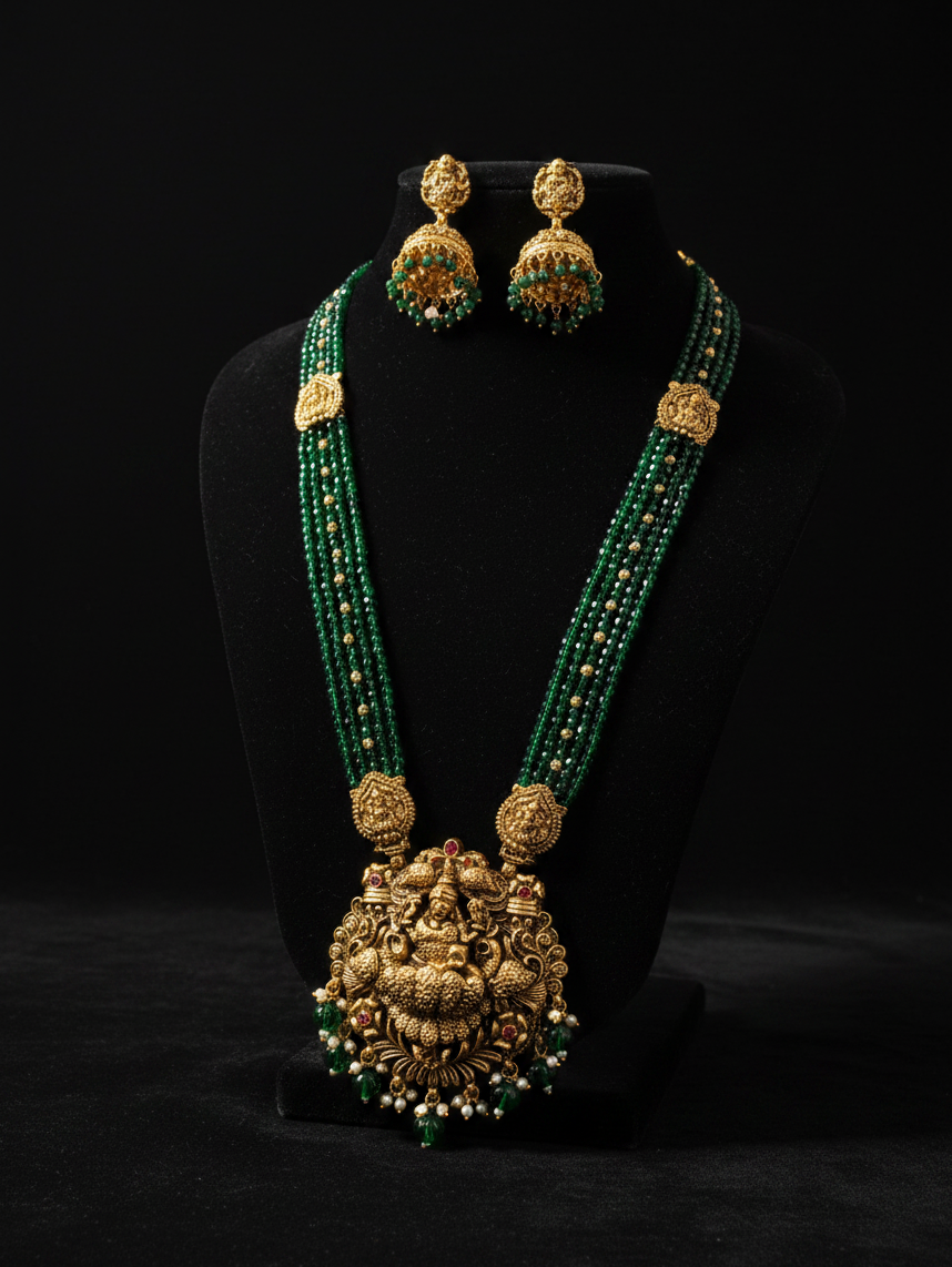Green Hydro Beads Raani Haar with Lakshmi Pendant