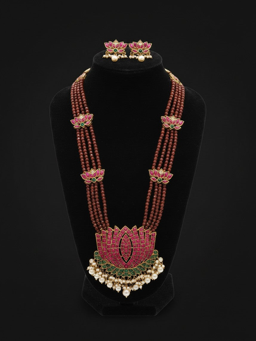 Maroon  Hydro Beads Raani Haar with Lakshmi / Lotus Pendant