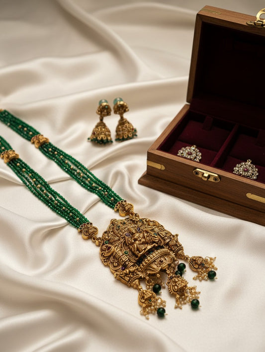 Green Hydro Beads Raani Haar with Lakshmi Pendant