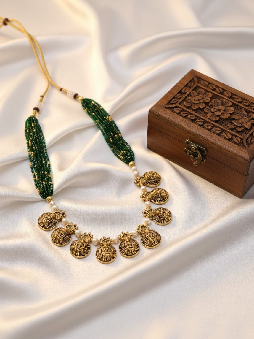 Green Hydro Beads with Laxmi Small Pendent Necklace set